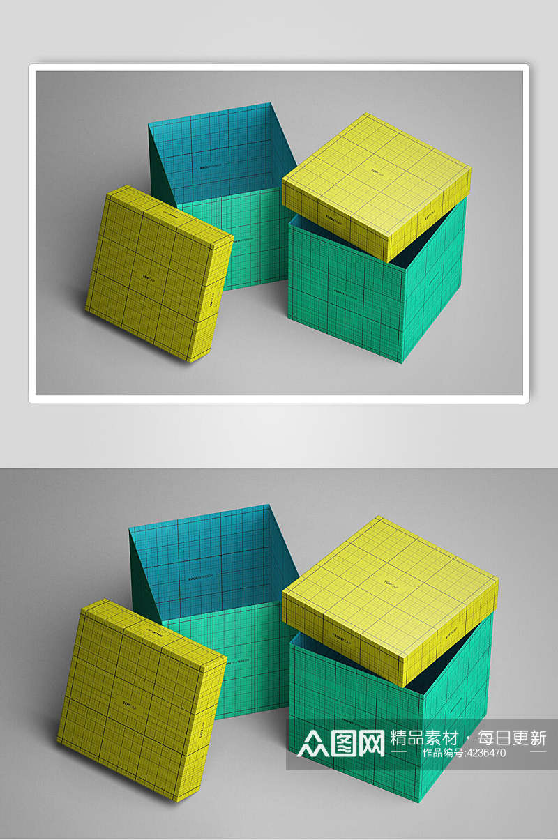 线条黄绿大气高端正方形纸盒样机素材