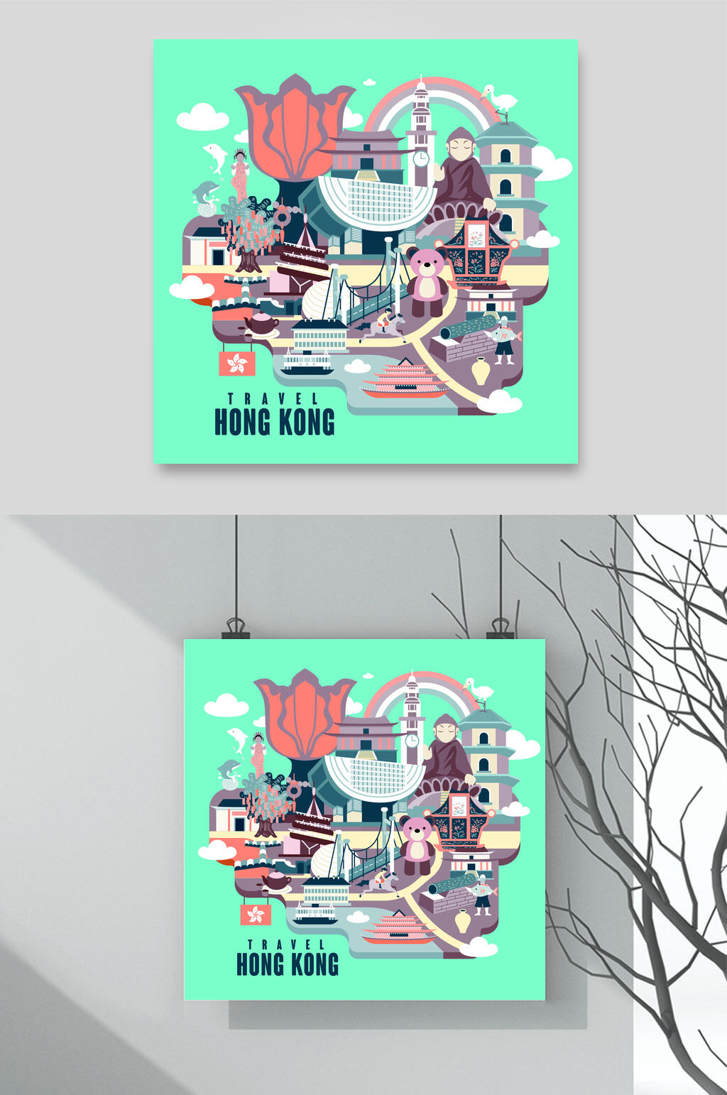 卡通香港风景美食建筑素材素材