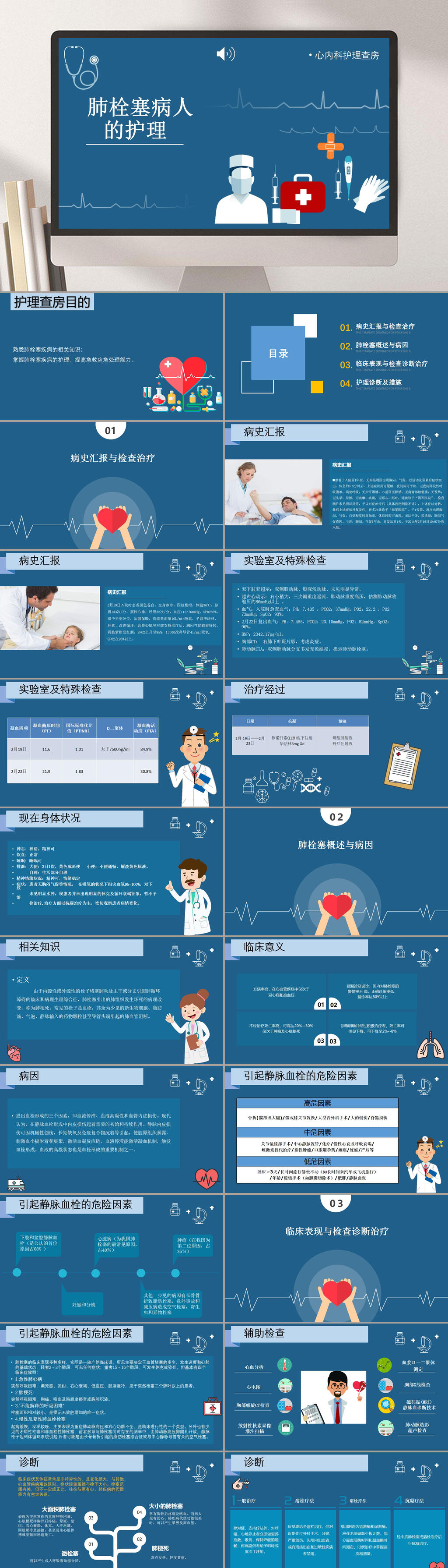 蓝色简约肺栓塞病人的护理查房PPT素材