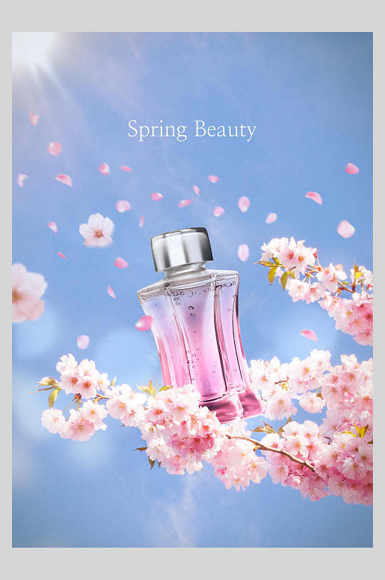 粉色桃花香水瓶浪漫鲜花化妆品海报