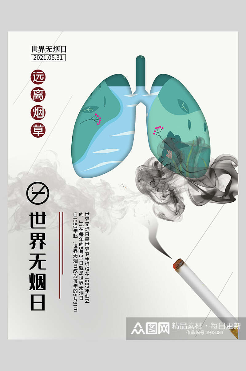 绿色双肺远离烟草世界无烟日海报素材