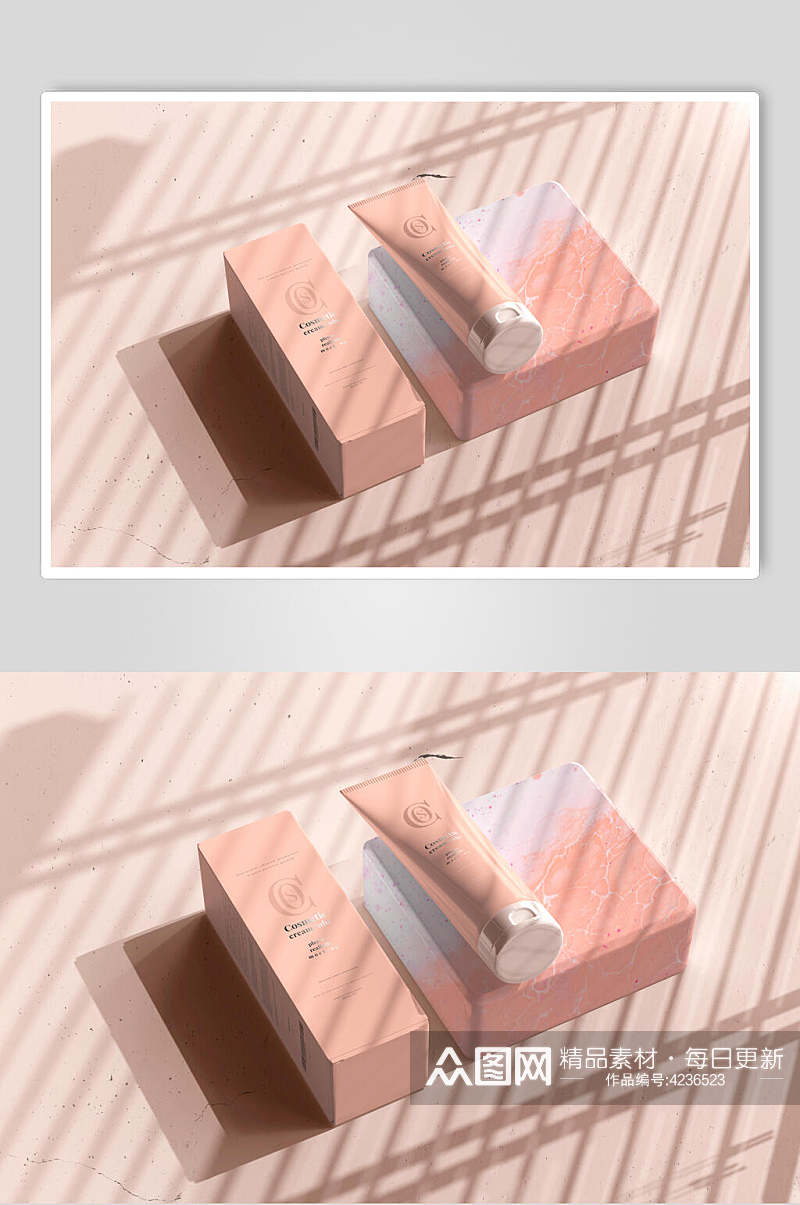 阳光盒子粉黄色洗护化妆品展示样机素材