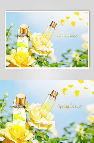 黄色花朵精华水浪漫鲜花化妆品海报