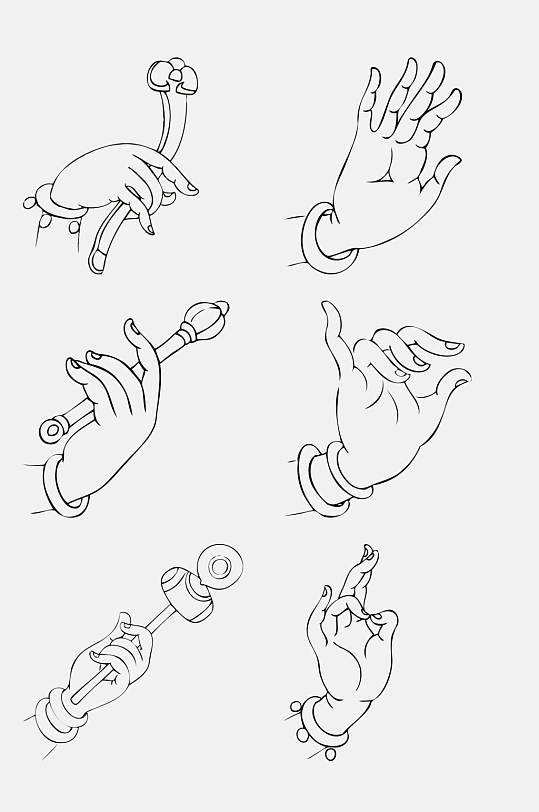 黑白线条手绘观音佛手免抠素材