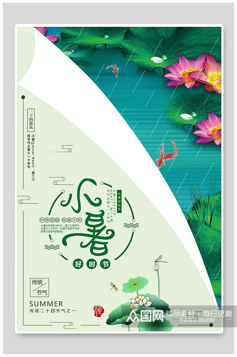 雨落荷塘荷花盛开小暑节气海报素材