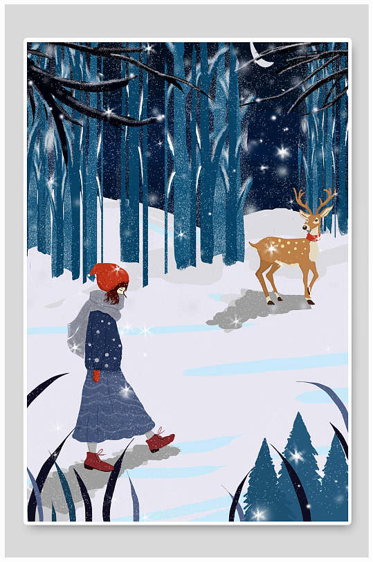 麋鹿少女月光手绘创意唯美梦幻插画