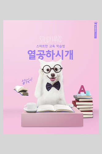 粉色背景白色眼睛小狗韩文宠物海报