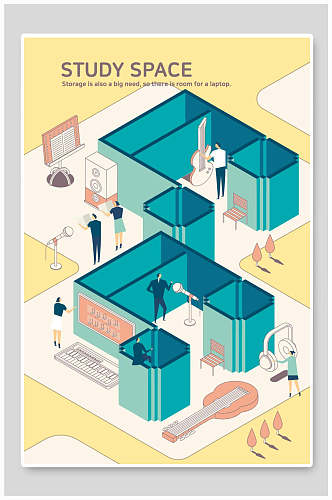 人群耳机英文蓝黄学习研究空间插画