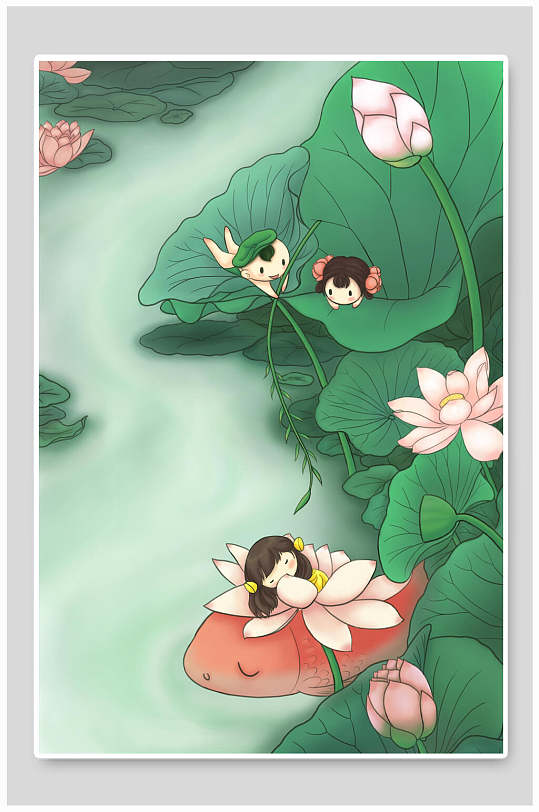 浪漫优雅清新荷花叶子女孩森系插画