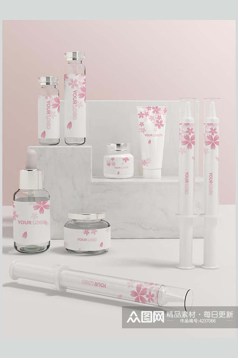 粉色花朵美妆产品精致组合包装样机素材