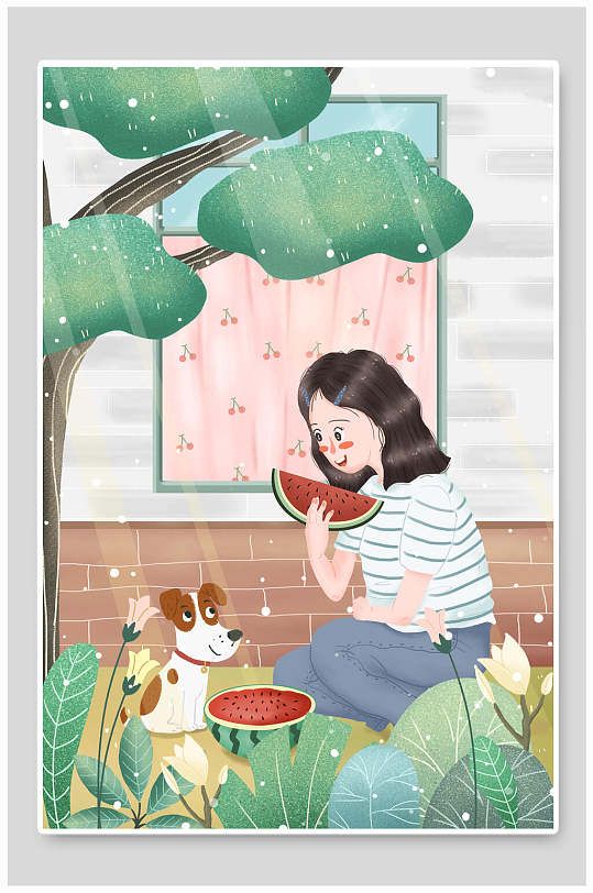 夢幻溫馨治愈浪漫西瓜動物森系插畫
