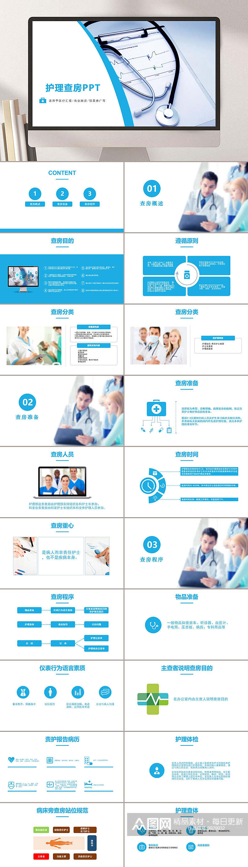蓝色白色简约医疗护理查房PPT素材