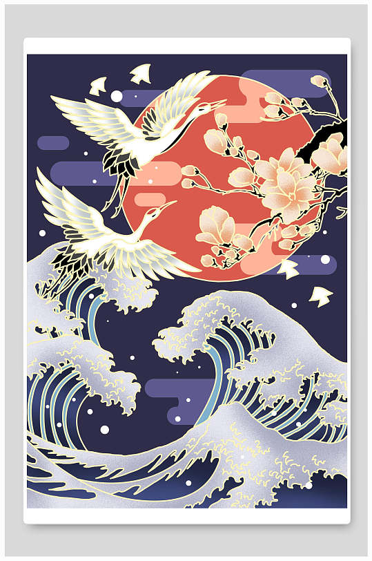 白鹭海浪中国风插画