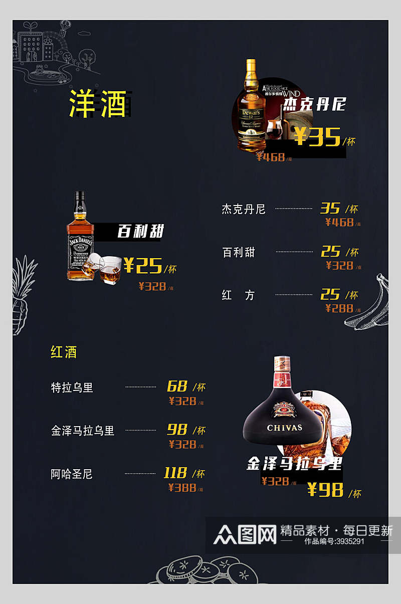 简洁洋酒酒吧酒水单海报素材