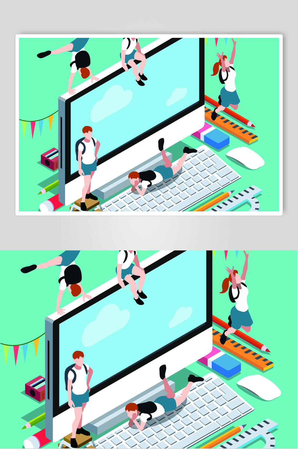 绿色电脑卡通等距学校教育插画矢量素材素材