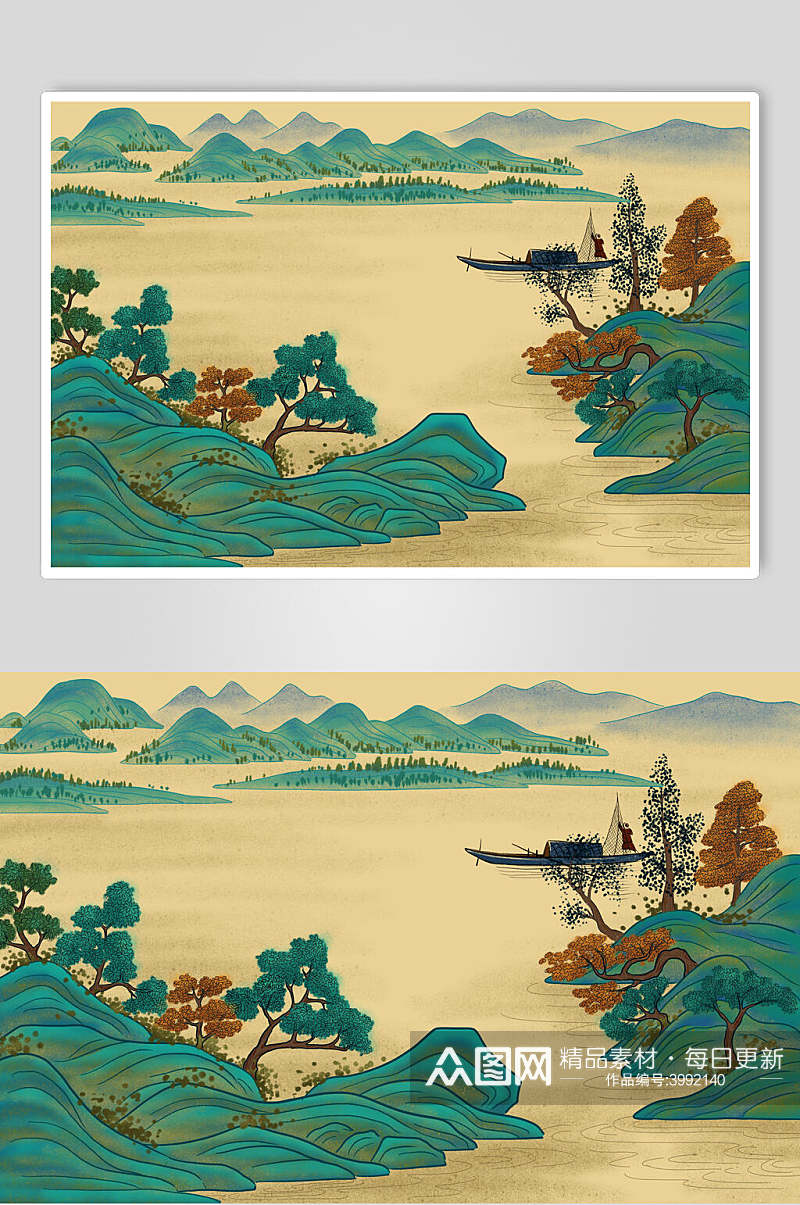 山水风景国潮烫金山水神兽插画设计素材素材