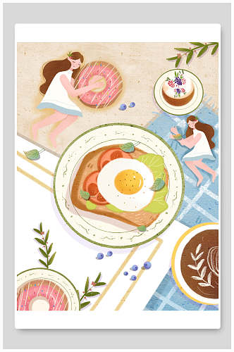 鸡蛋面包美食汉堡火锅插画