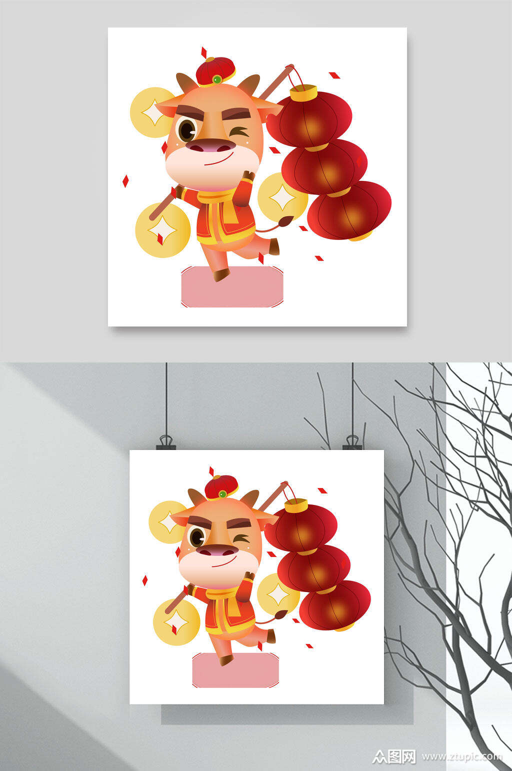 创意灯笼花瓣牛年卡通形象插画素材素材