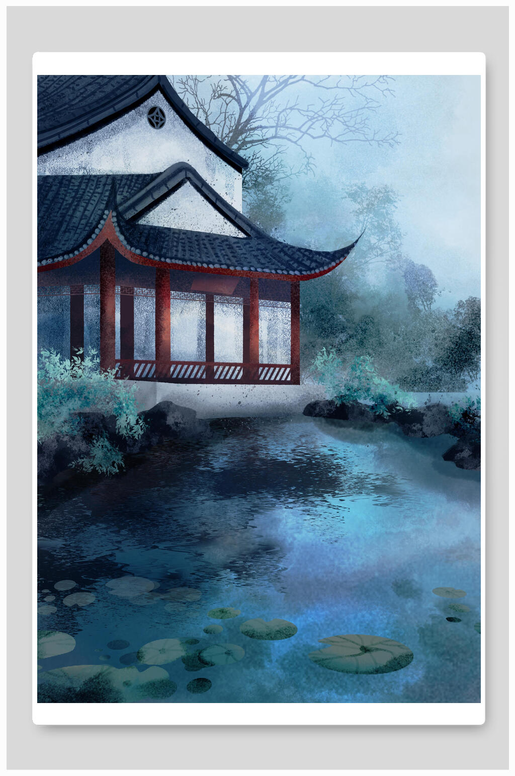 创意时尚荷叶池塘古风水墨风景插画素材