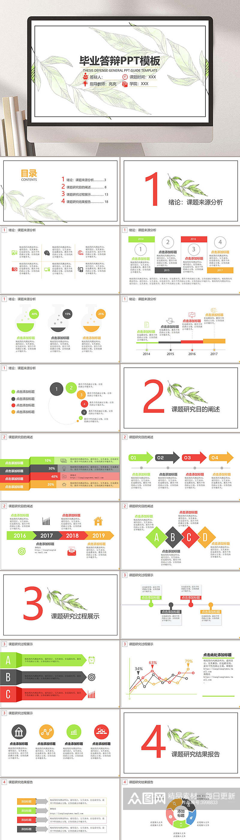 绿色树叶简约清新论文答辩PPT素材