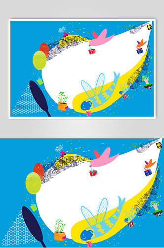 卡通水彩蓝色长翅膀的鱼儿童素材