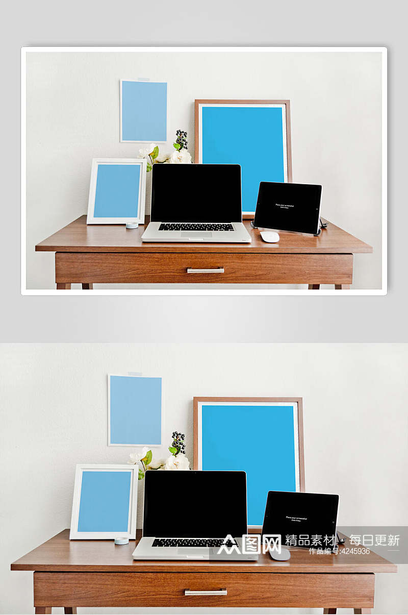 电脑黑蓝大气创意室内平板贴图样机素材