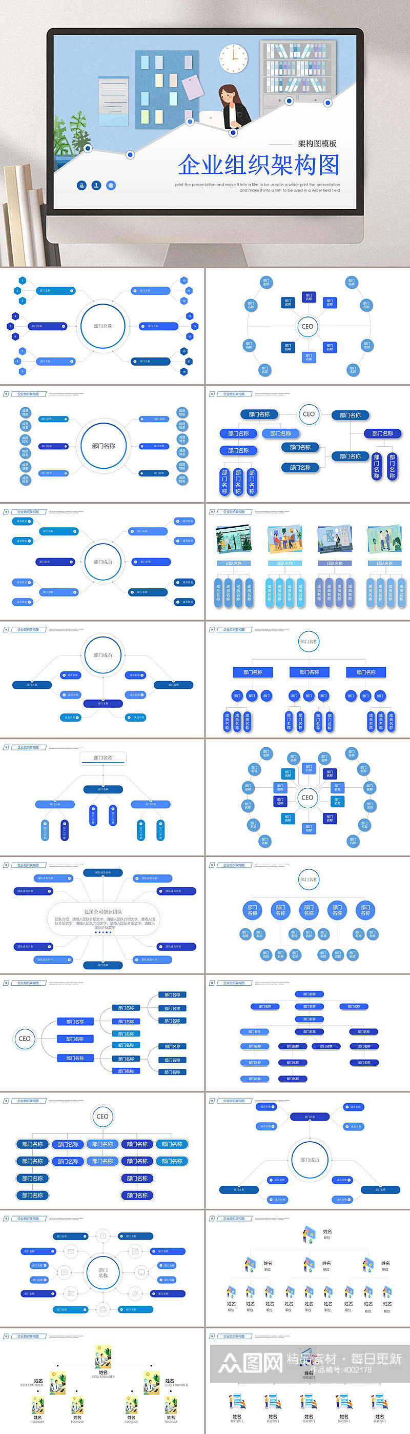 蓝色简约商务企业组织架构图图表PPT素材