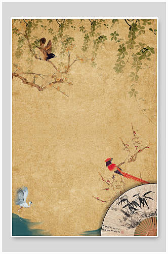 时尚优雅扇形竹叶鸟兽中国古风背景