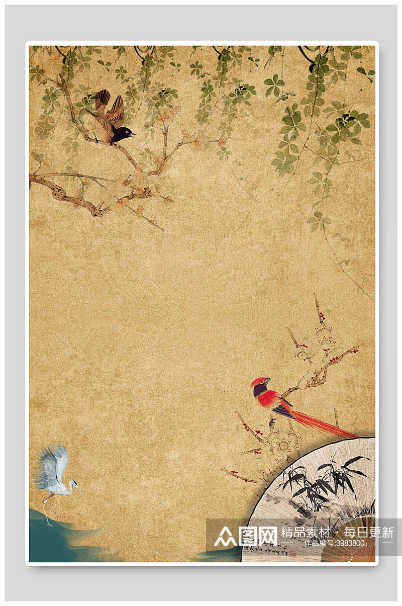 时尚优雅扇形竹叶鸟兽中国古风背景素材