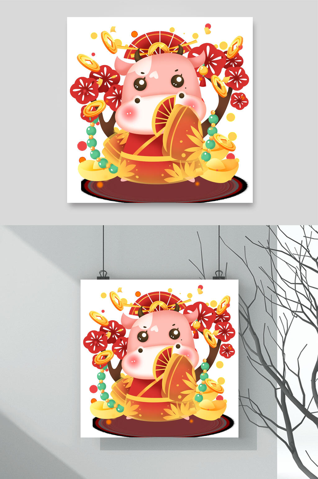 红花牛年卡通形象插画素材素材
