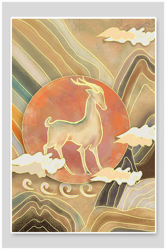 创意时尚鹿头鎏金云国潮中国风插画