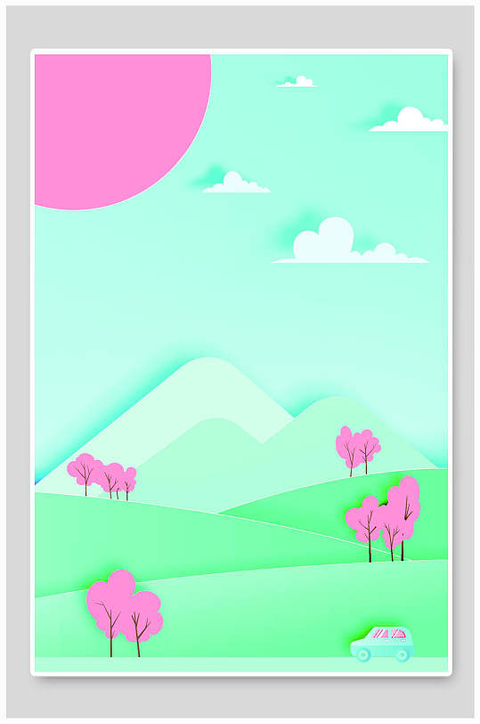 简约清新树木草地剪纸风景矢量背景