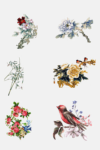 中国古风工笔画花卉植物免抠素材