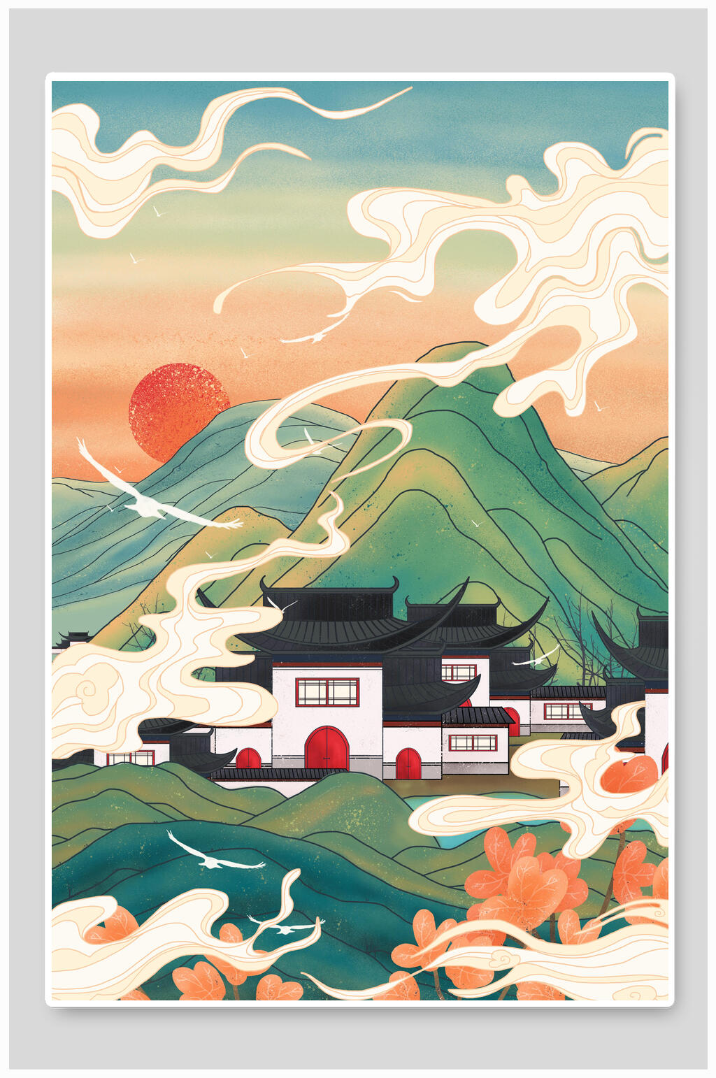 简约清新云雾山间国潮建筑古迹插画素材