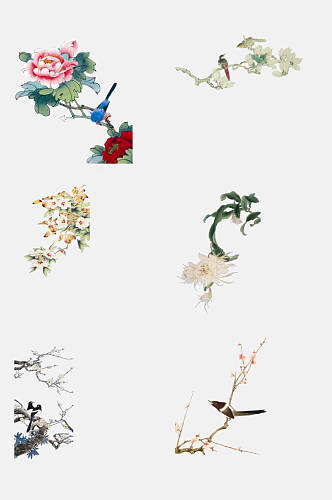淡雅中国古风工笔画花卉植物免抠素材
