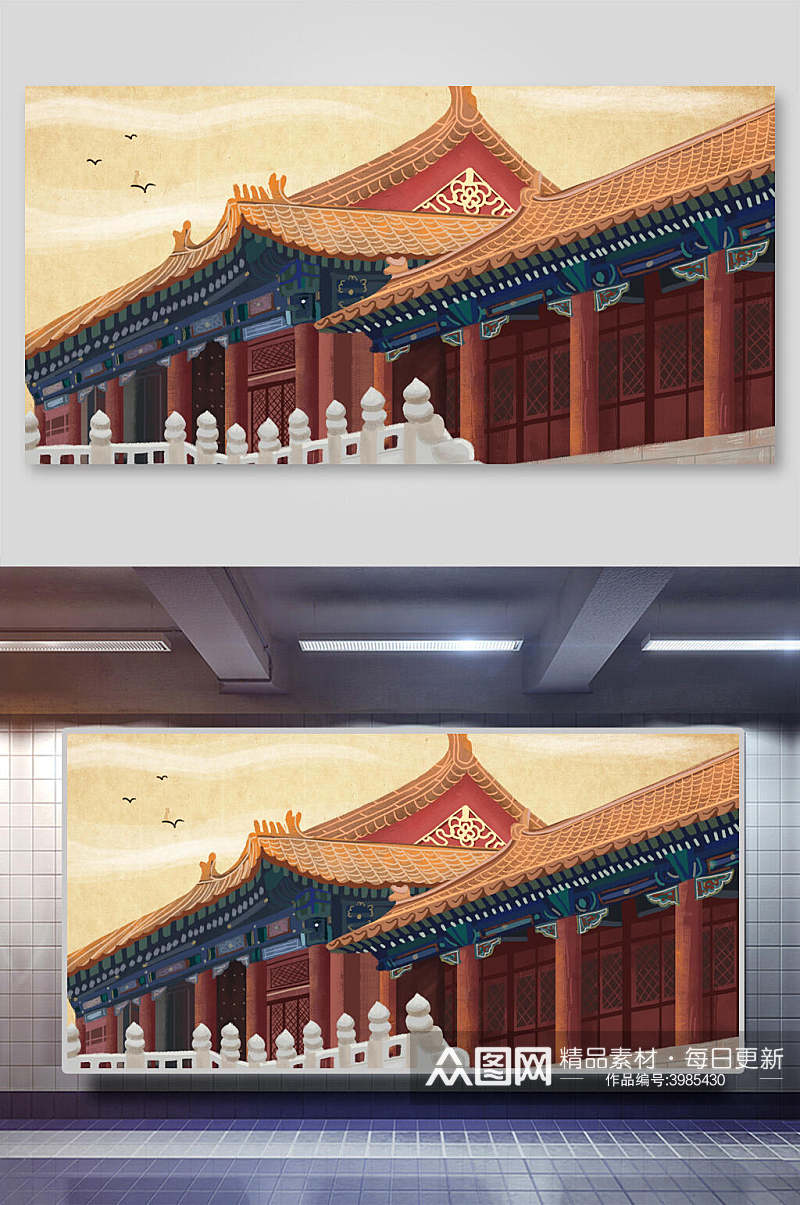 高级个性屋檐护栏黄国潮中国风插画素材
