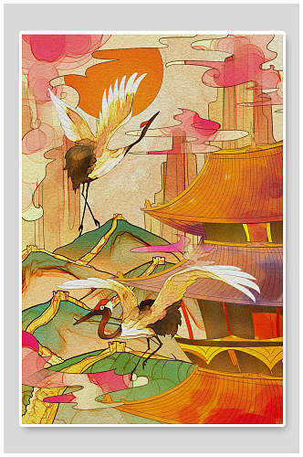 高级个性温馨高楼鸟国潮中国风插画