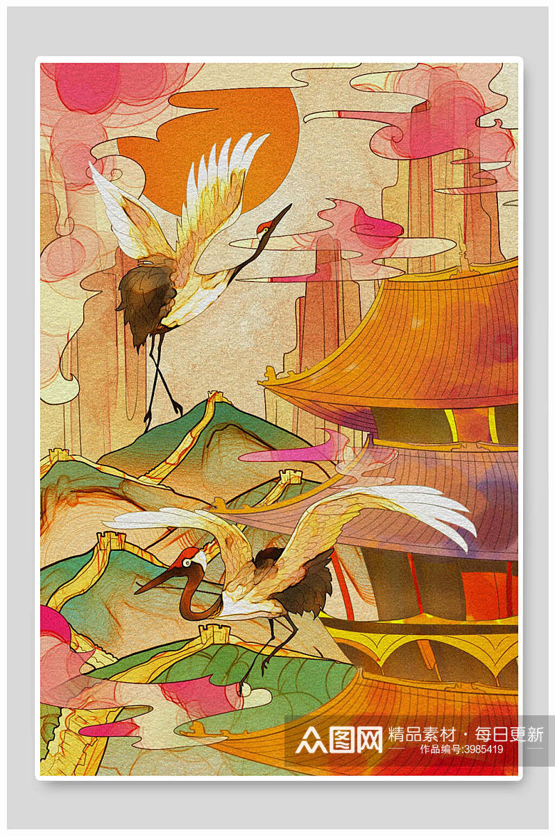 高级个性温馨高楼鸟国潮中国风插画素材