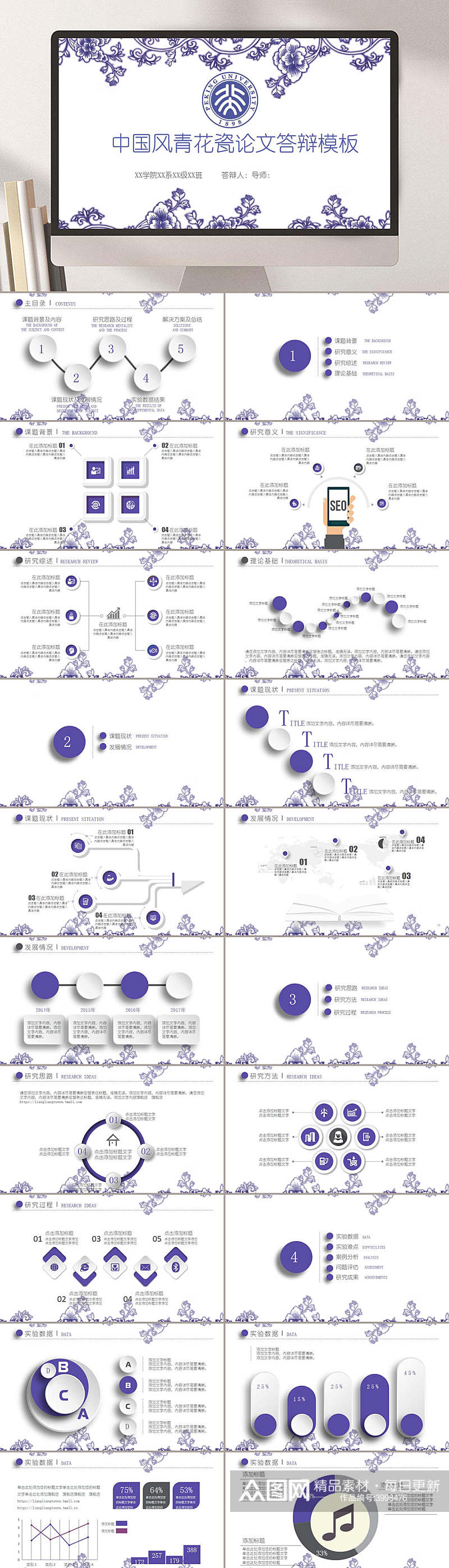 青花瓷花边国潮简约论文答辩PPT素材