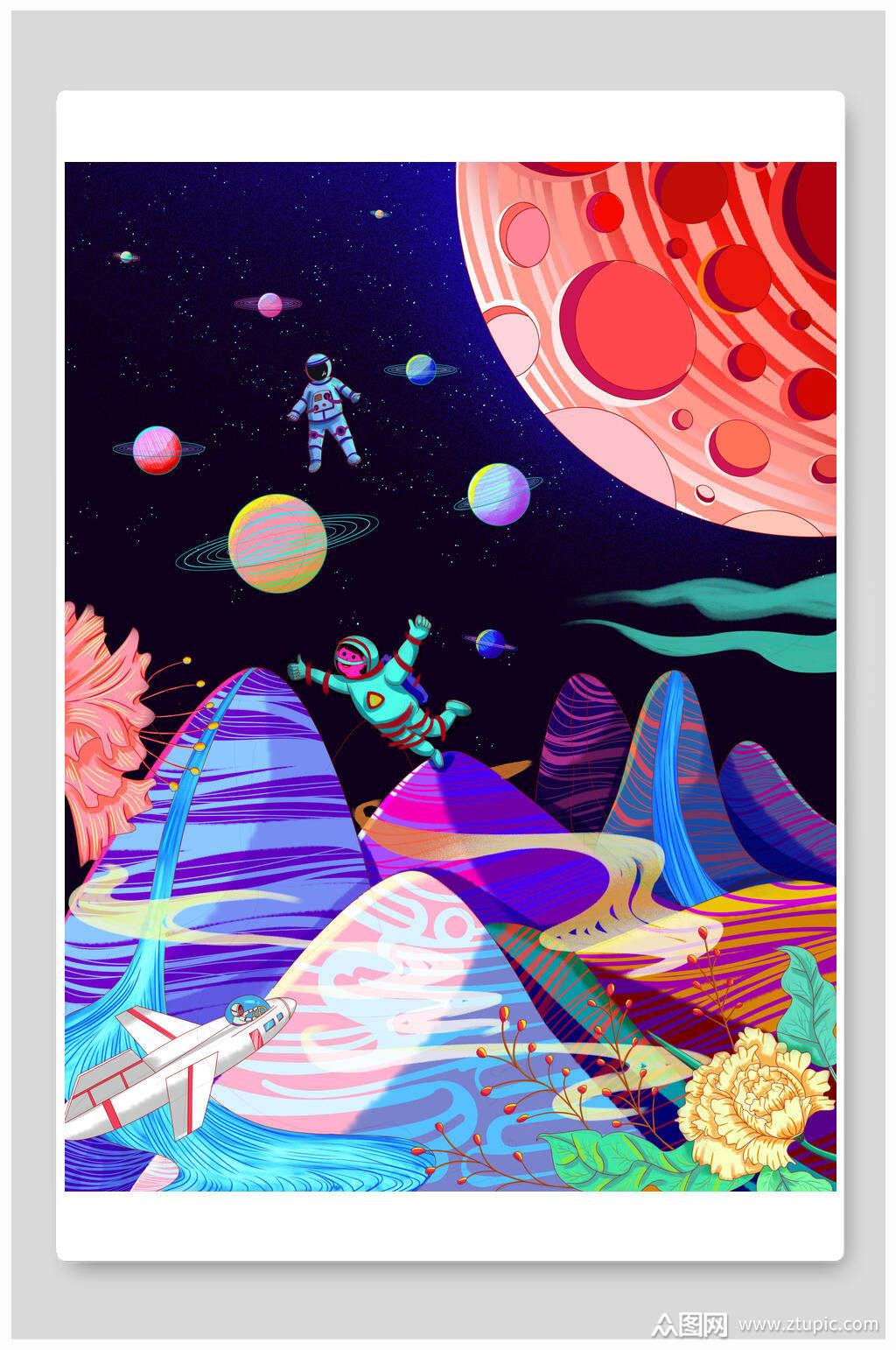 手绘人漂浮飞虎云宇宙星球太空插画素材