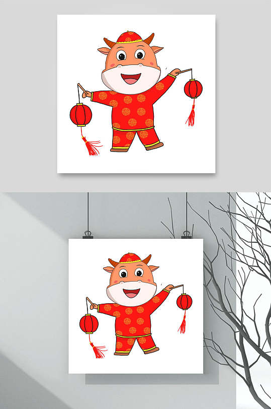 简约红色卡通灯笼小牛插画牛年卡通形象插画素材