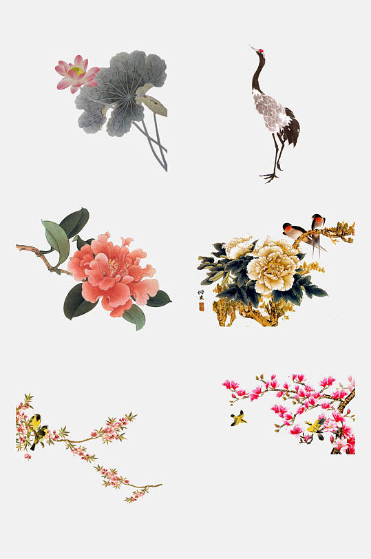 中国古风工笔画花卉植物仙鹤免抠素材