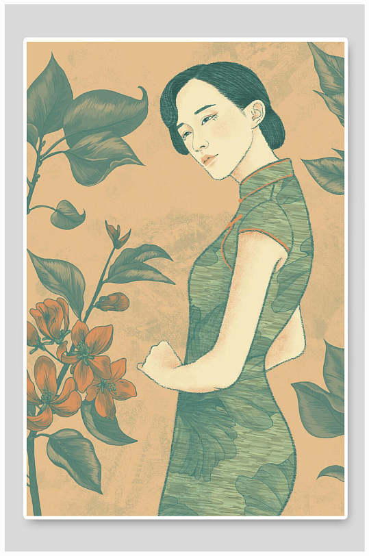 精美民国手绘美女图插画