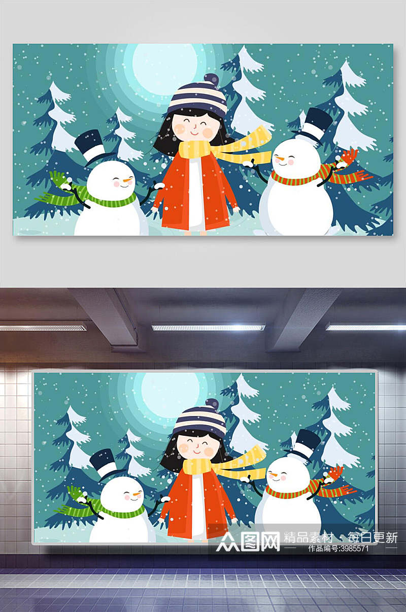 高级个性雪人围巾女圣诞节矢量插画素材