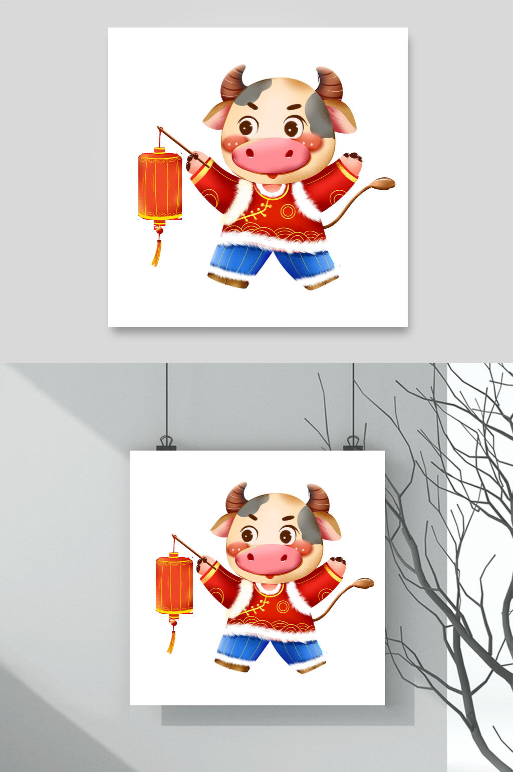 卡通中国风喜庆小牛提灯笼牛年卡通形象插画素材素材