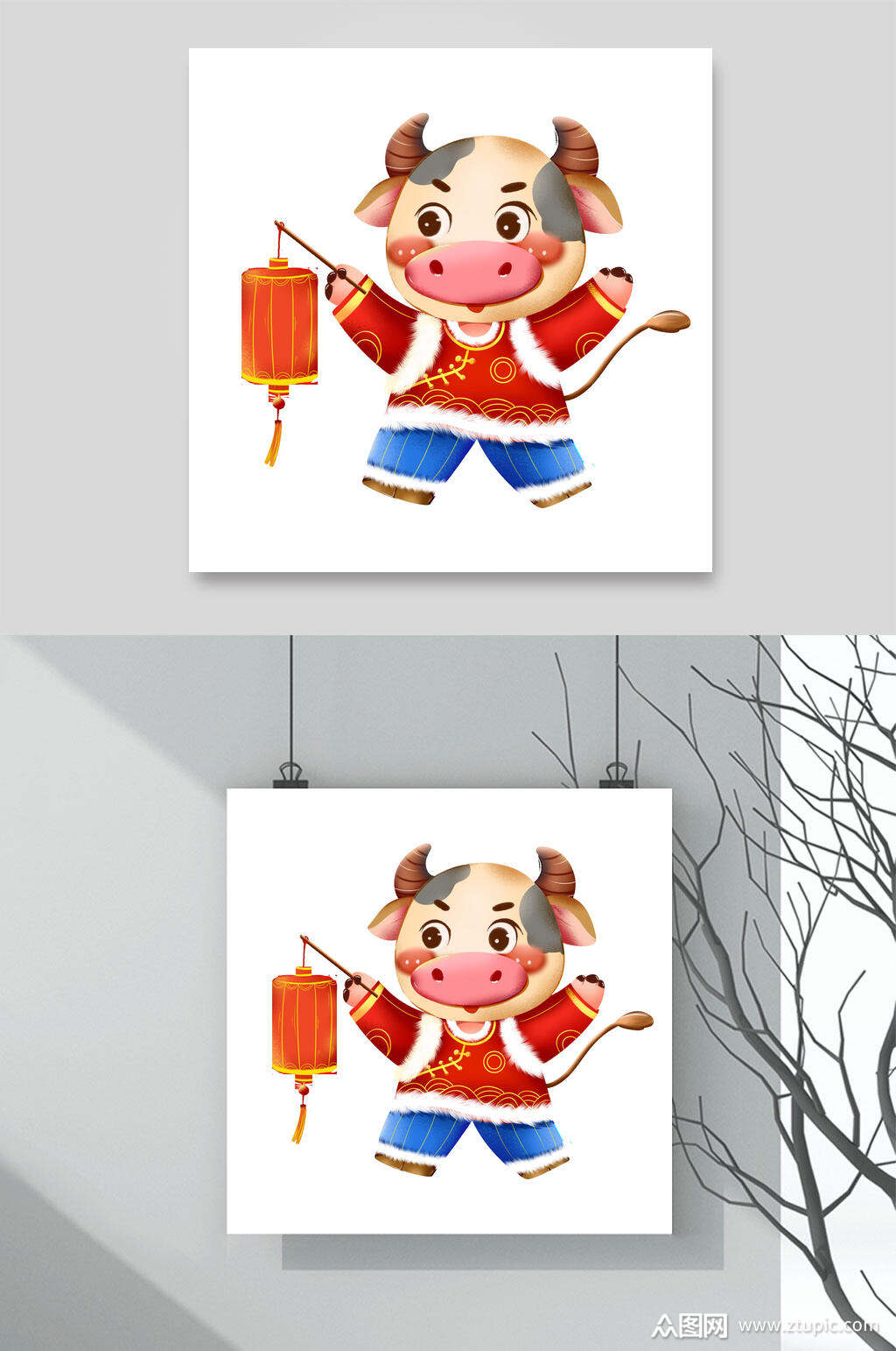 卡通中国风喜庆小牛提灯笼牛年卡通形象插画素材素材