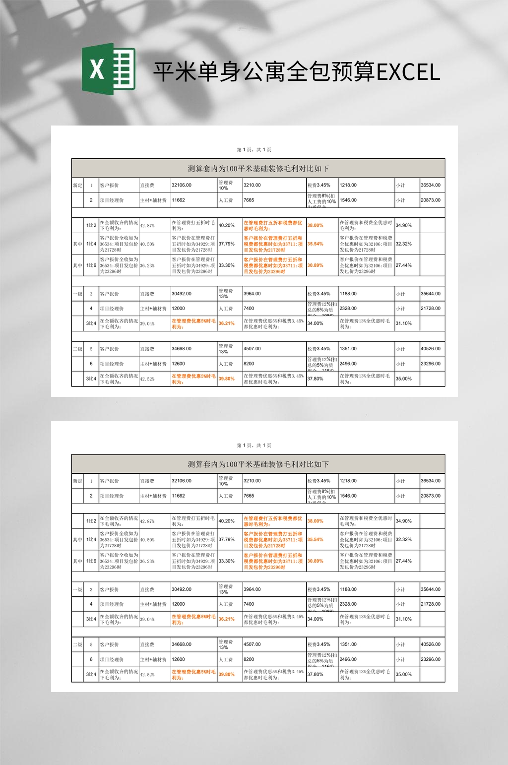 平米单身公寓全包预算EXCEL素材