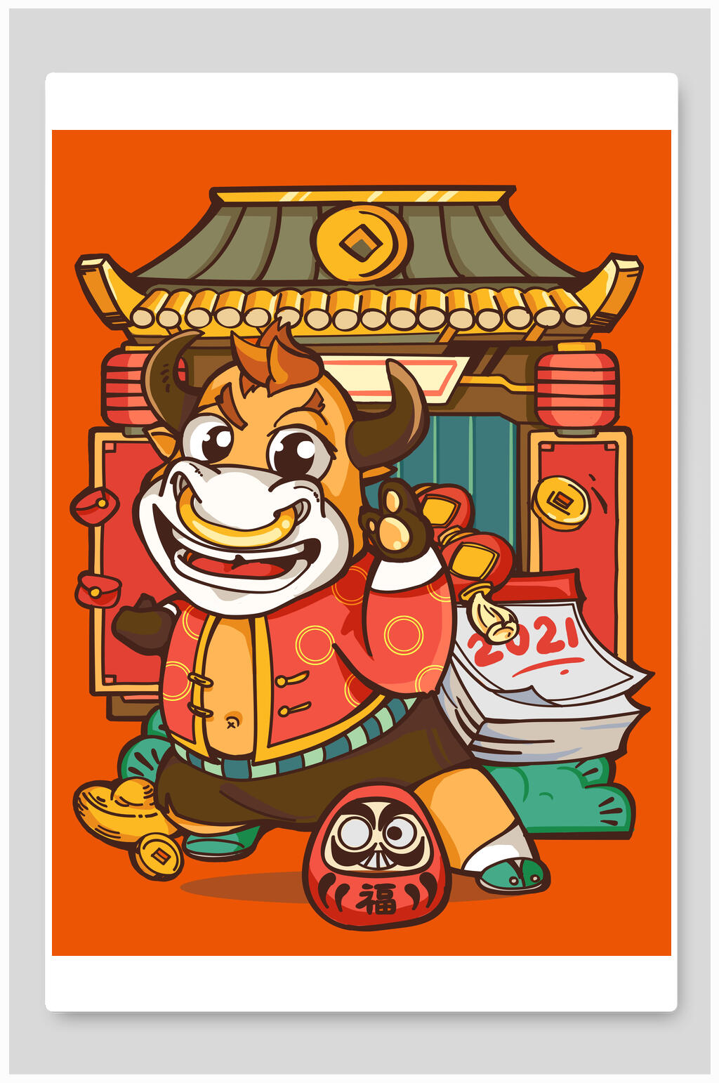卡通红色牛年新年插画素材