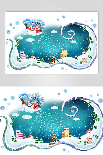 卡通水彩下雪场景儿童插画素材