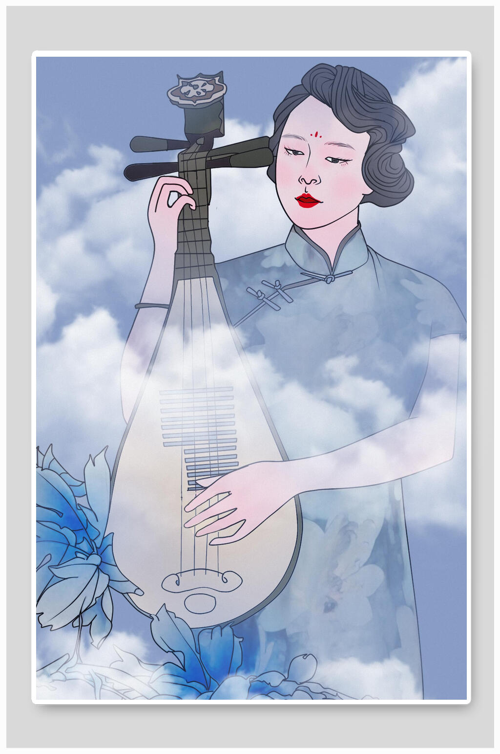 琵琶民国手绘美女图插画素材